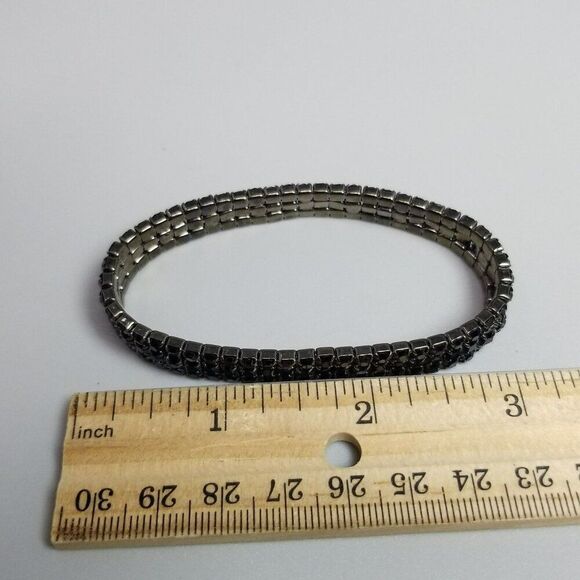 Vintage Sparkly Black Rhinestone Three Row Stretch Bangle Bracelet, Estate - Picture 5 of 7